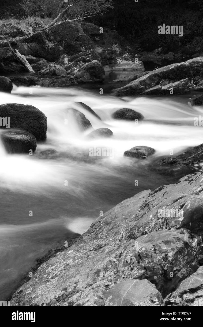 Intimate Landscape of the River Dart Cascading over Granite Boulders at