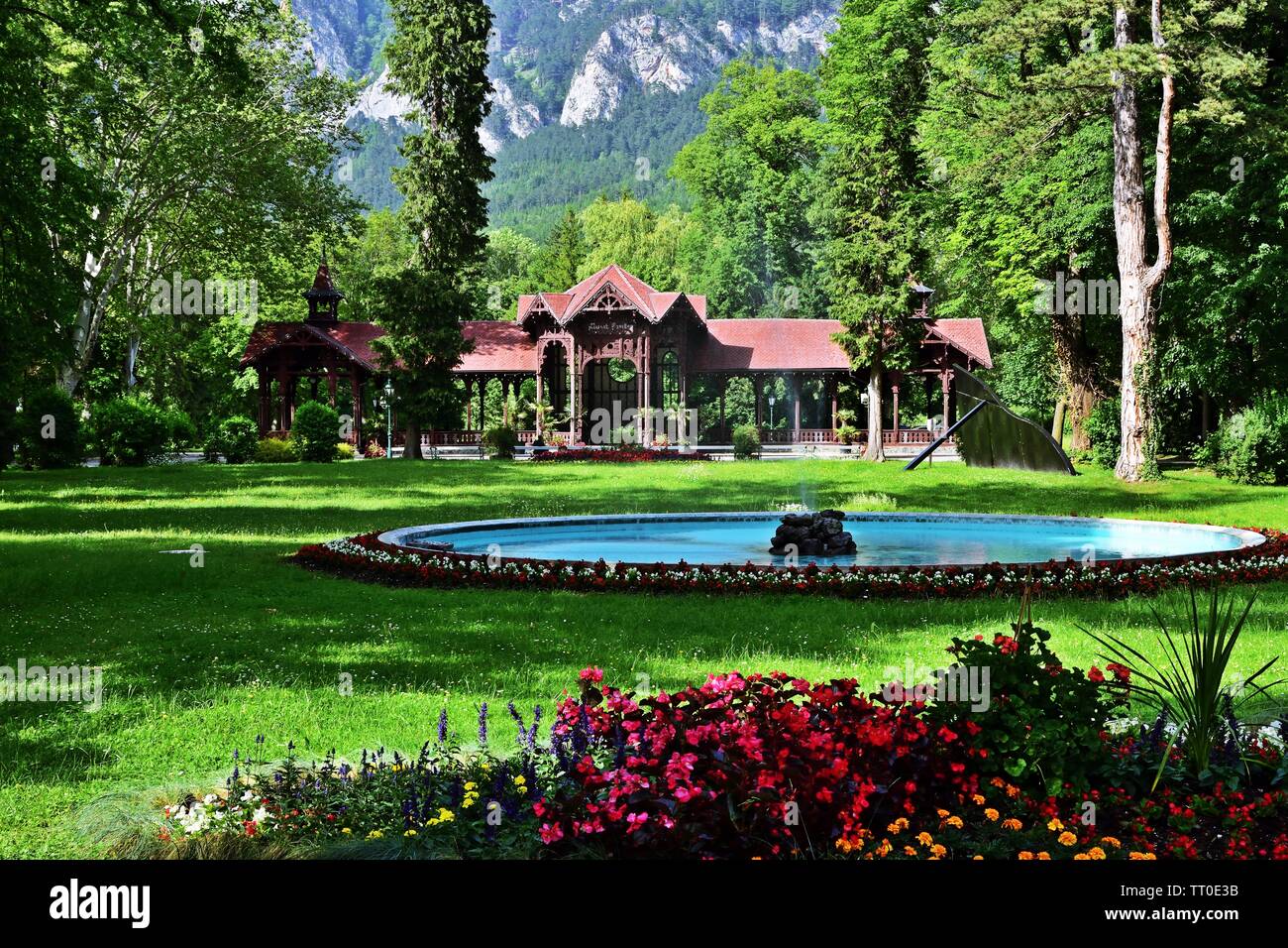 Picturesque Park with fountain and music pavilon in Reichenau an der Rax, Austria Stock Photo