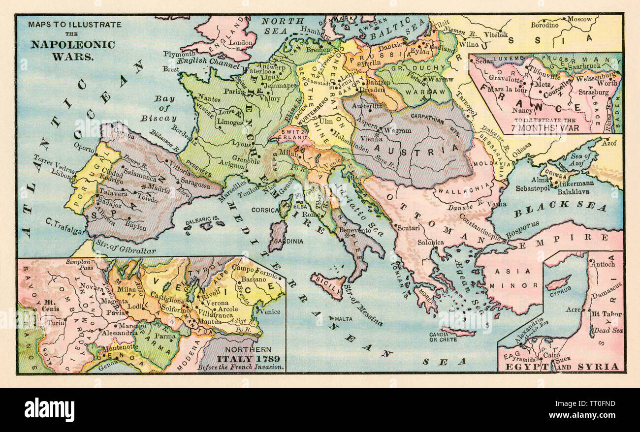 Maps showing lands involved in the Napoleonic Wars. Color lithograph Stock Photo