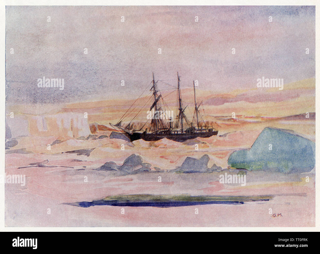 Shacketon's ship Nimrod in McMurdo Sound ice, Antarctica. Color halftone of an illustration Stock Photo