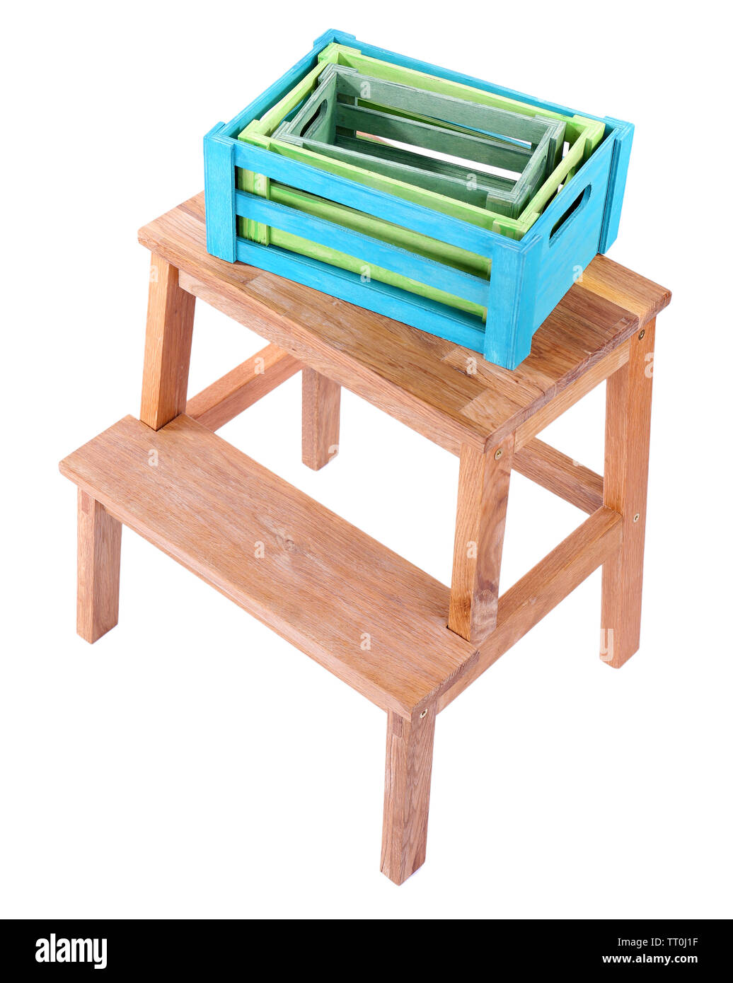 Empty wooden boxes on small ladder, isolated on white Stock Photo Alamy