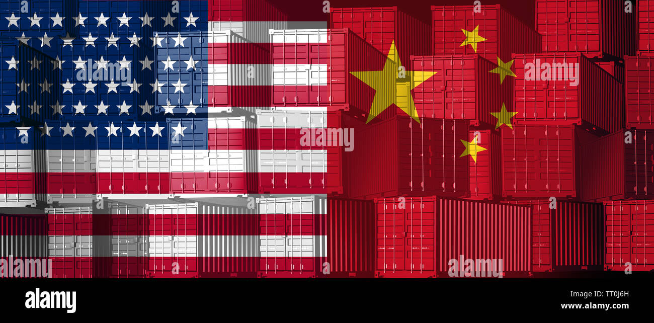 China US trade business concept as a Chinese USA tariff war and American tariffs as two opposing groups of cargo freight containers as an economic. Stock Photo