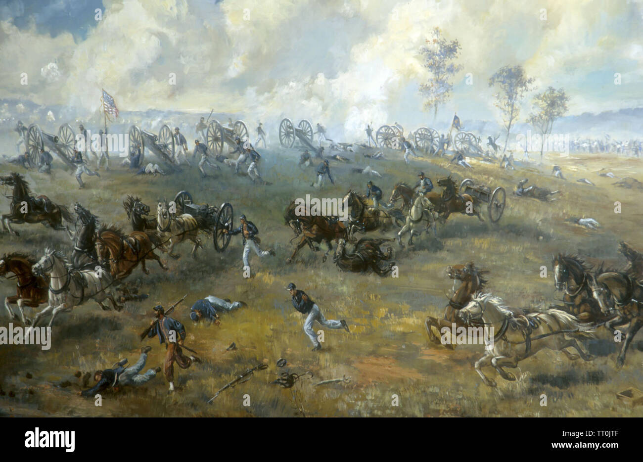 'The Capture of Rickett's Battery' by Sidney King, 1964 (oil on plywood). This painting depicts the struggle on Henry Hill over Captain Rickett's Battery(Company I, 1st US Artillery) during the afternoon of the First Battle of Manassas, July 21, 1861.  The painiting is displayed in the Henry Hill Visitor Center at Manassas National Battlefield Park. Stock Photo