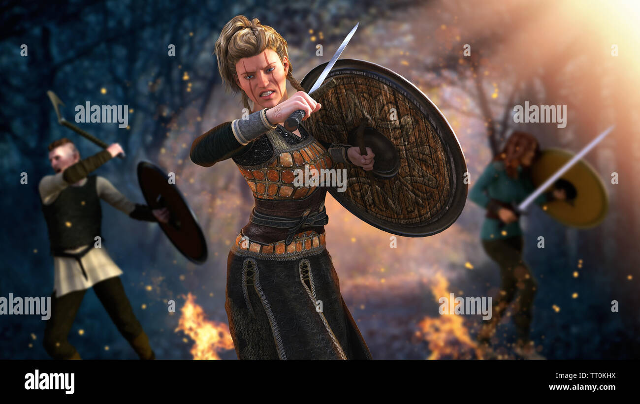Viking warrior woman fighting with sword and shield in a dramatic battle, 3d render painting Stock Photo