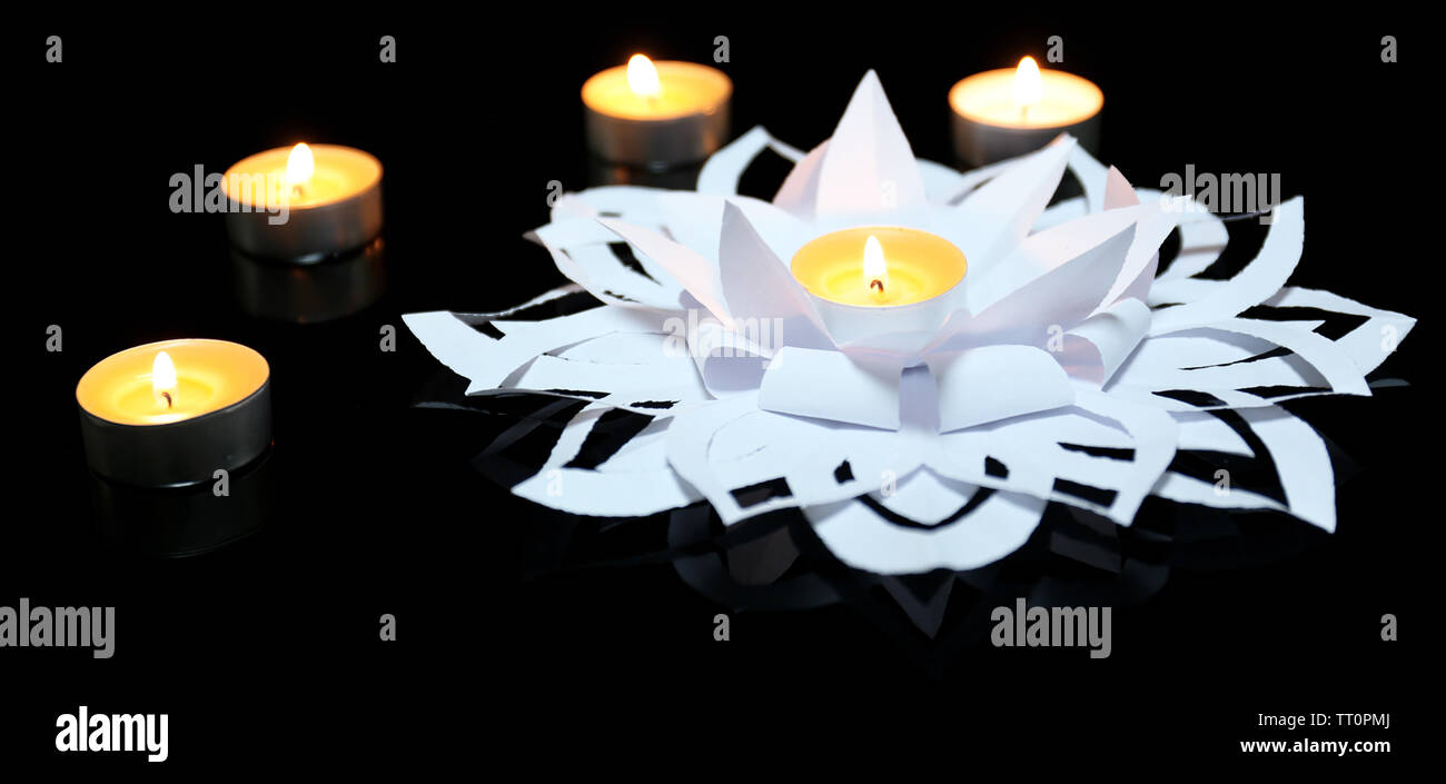 Home decor, candle lights on black background Stock Photo