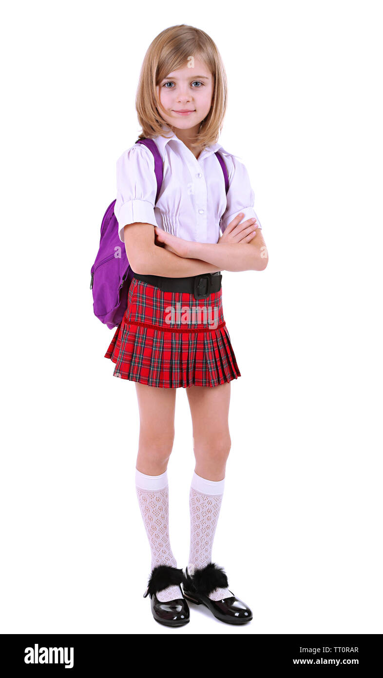Beautiful little girl with backpack isolated on white Stock Photo - Alamy