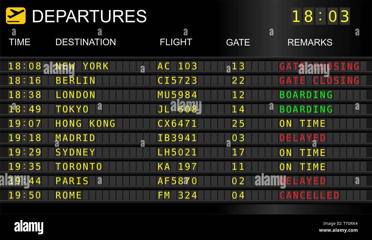 Flight information display system in international airport, cancelled and delayed flights Stock Photo