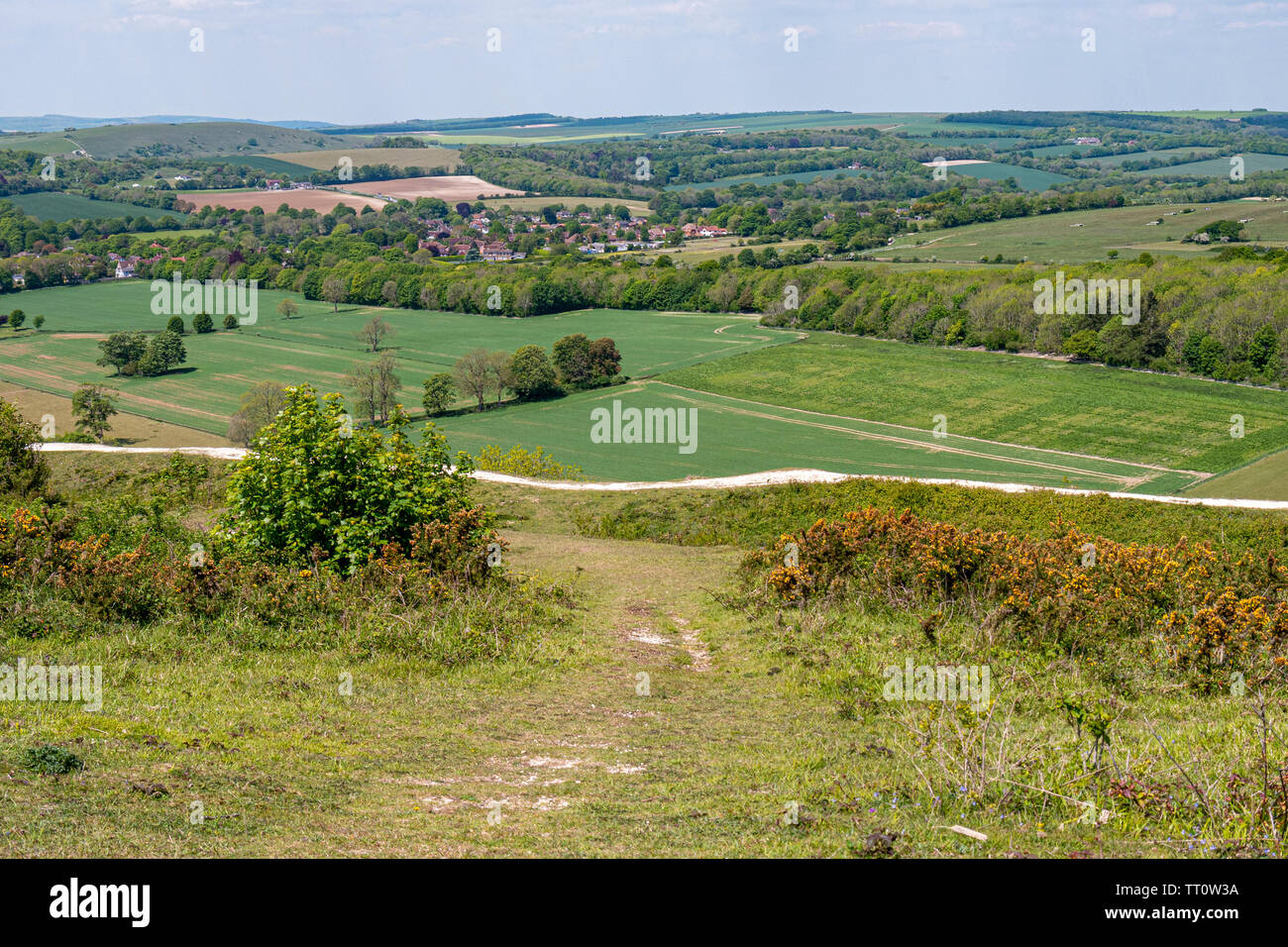 A view over Findon Village and the South Downs National Park - Cissbury Ring, West Sussex, UK. Stock Photo
