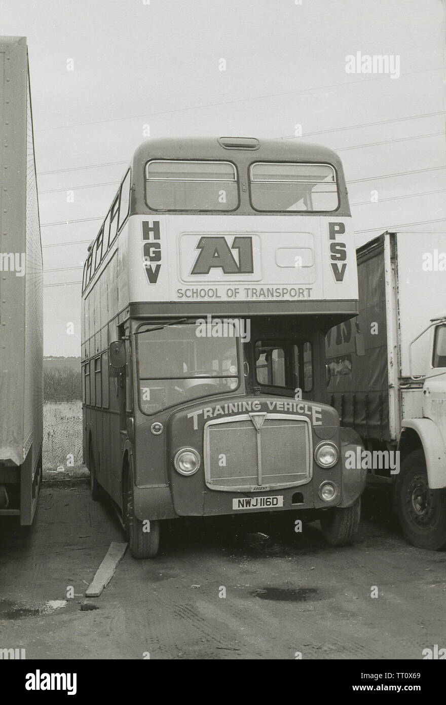 1960s historical, a School of Transport instruction AEC Regent III RT double-decker bus, used for training bus drivers for their PSV licence and for HGV drivers during this era. Stock Photo