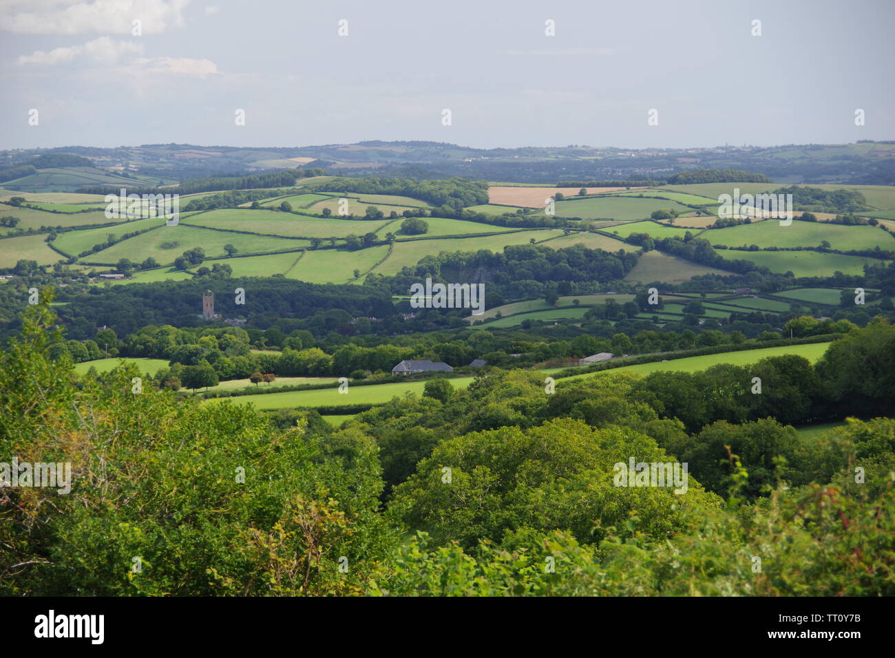 Buckfast Abbey Among Pastoral Patchwork Landscape of Fields, Hedgerows