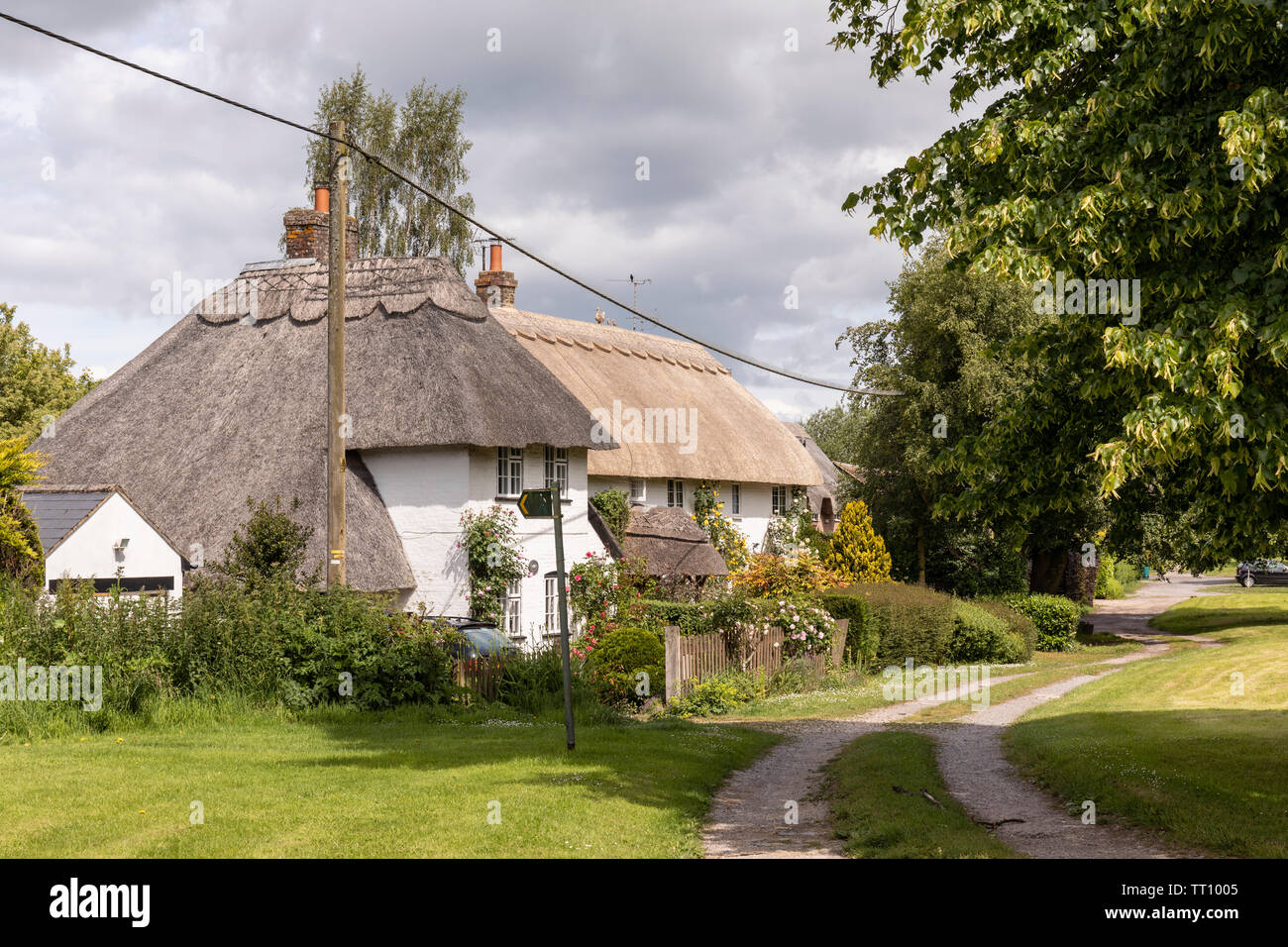 Beautiful thatched cottages in the village of East Grafton, Wiltshire, England, UK Stock Photo