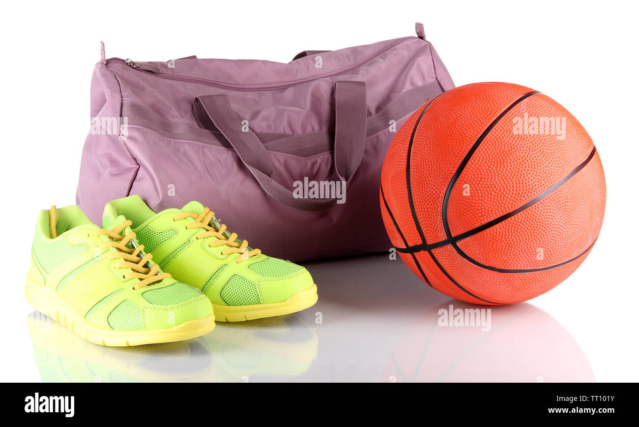 Sports bag with sports equipment isolated on white Stock Photo - Alamy