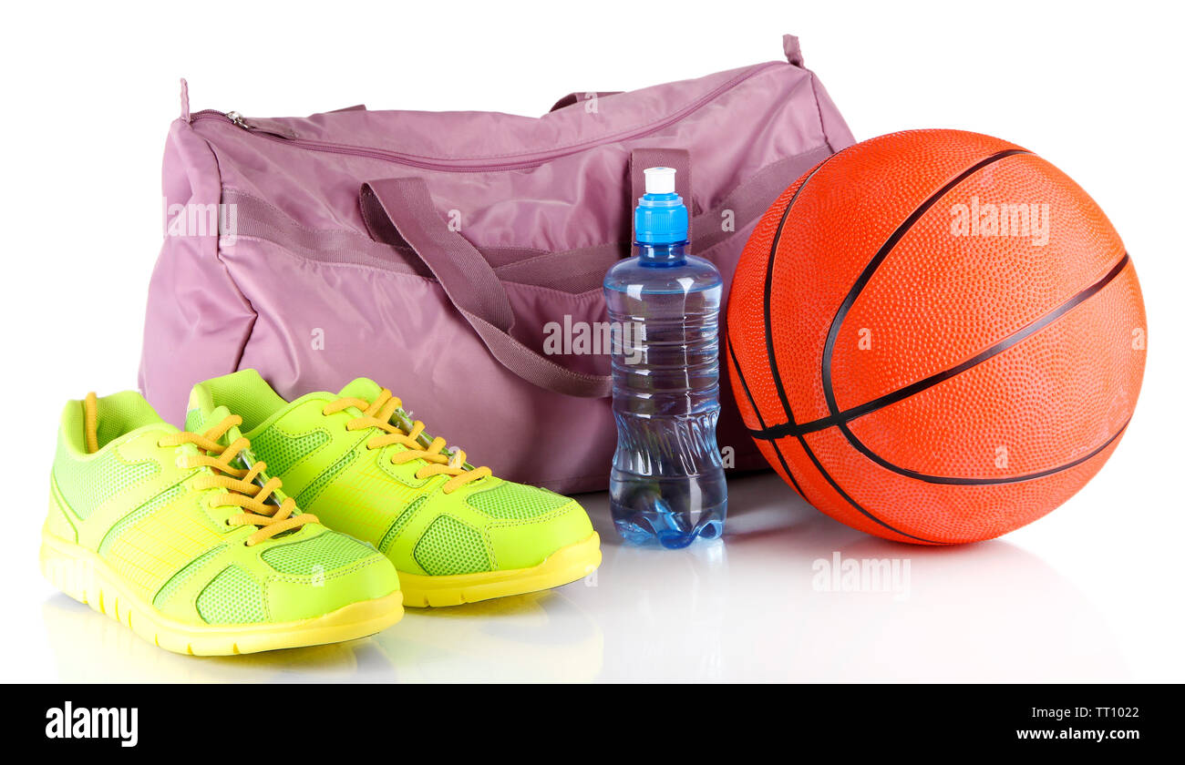 Sports bag with sports equipment isolated on white Stock Photo - Alamy