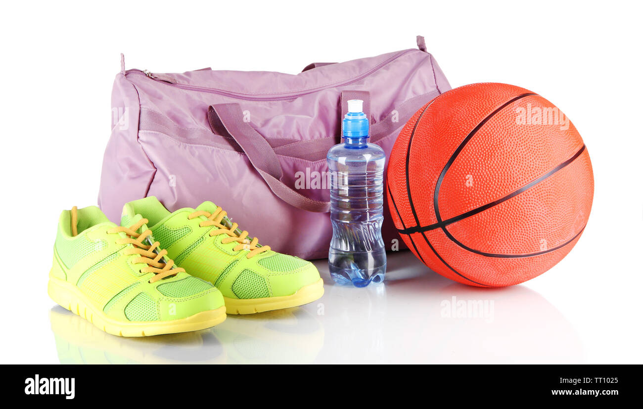 Sports bag with sports equipment isolated on white Stock Photo - Alamy
