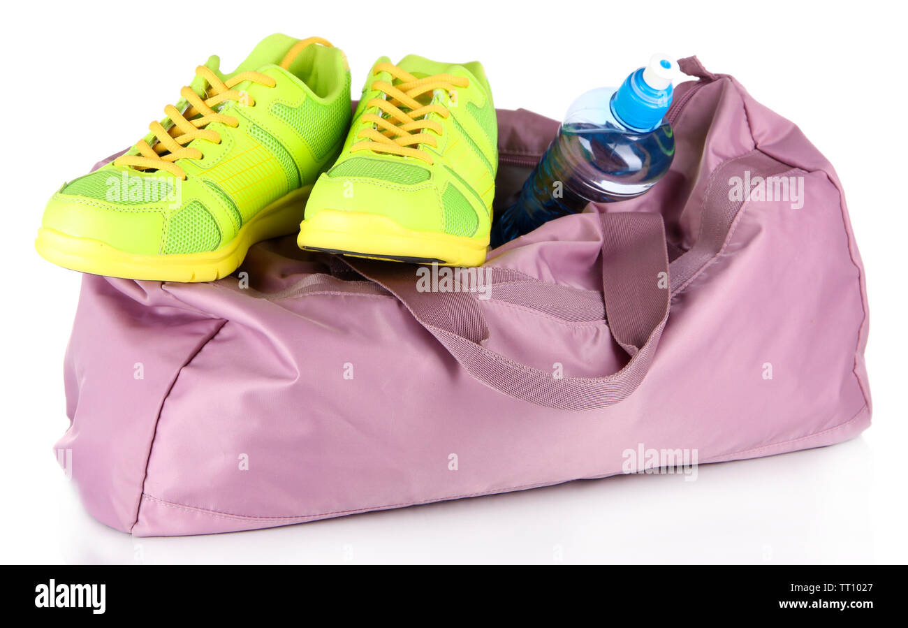 Sports bag with sports equipment isolated on white Stock Photo - Alamy