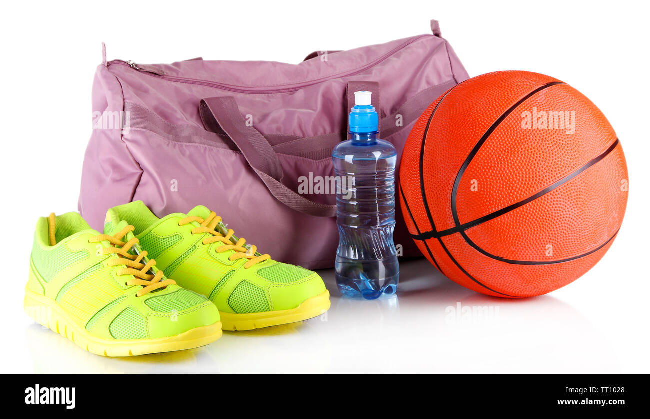 Sports bag with sports equipment isolated on white Stock Photo - Alamy