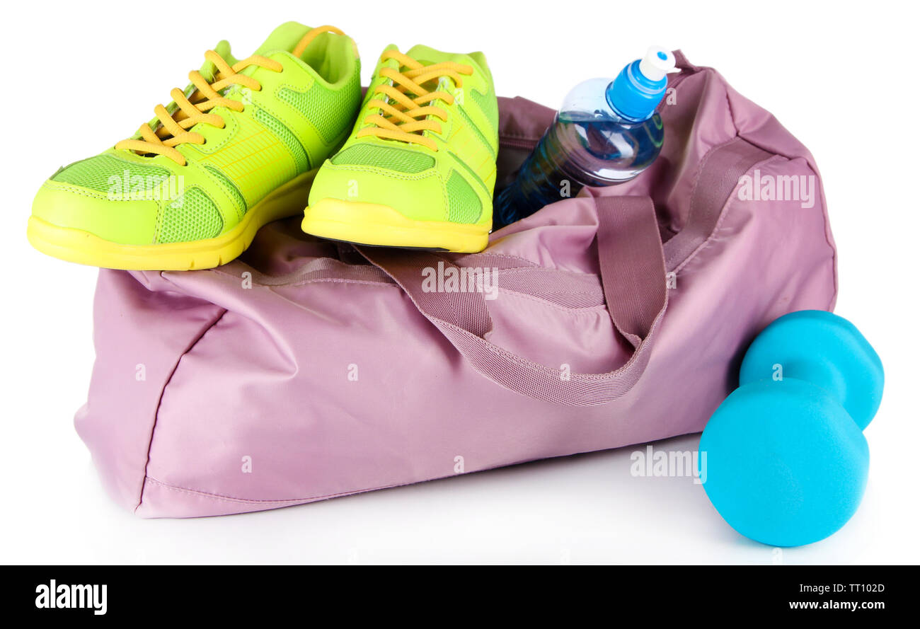 Sports bag with sports equipment isolated on white Stock Photo - Alamy
