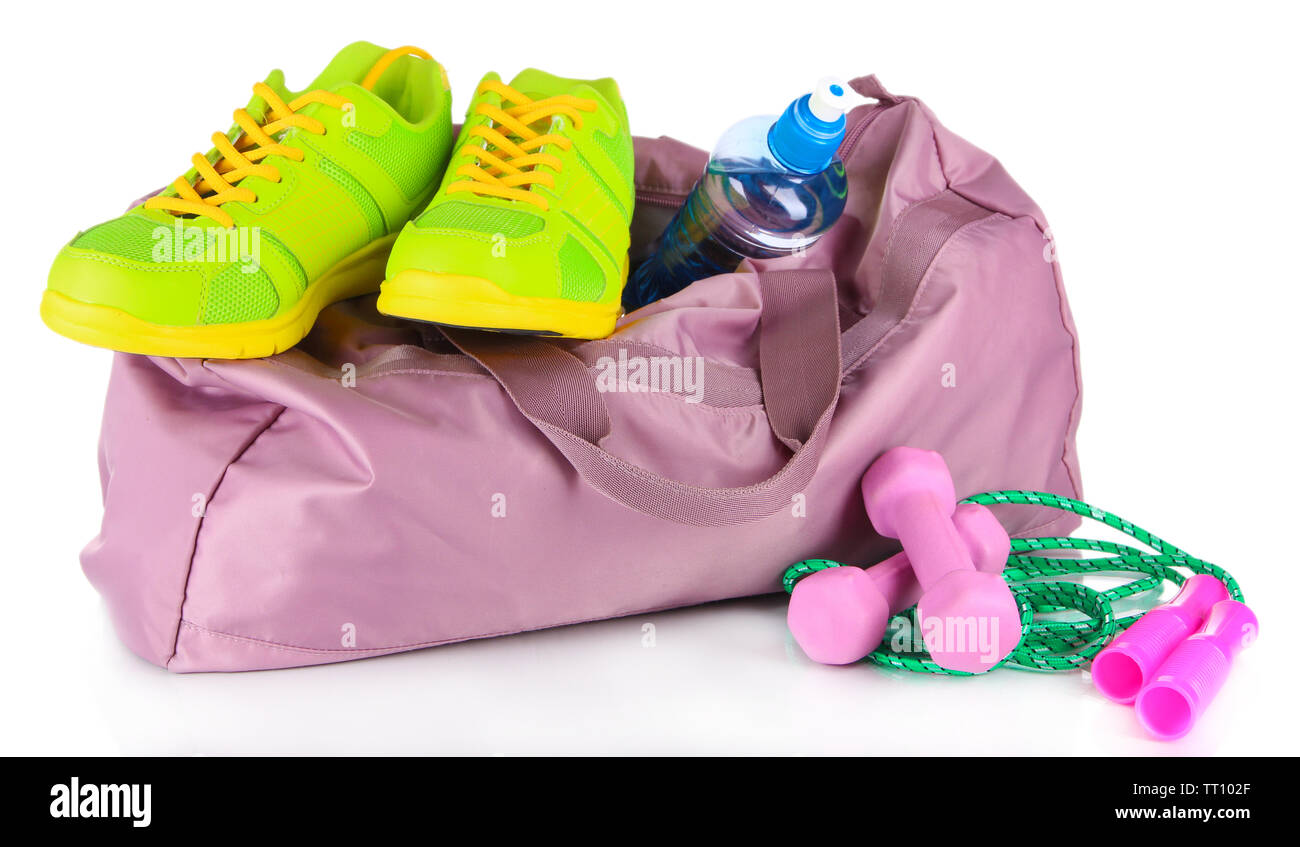 Sports bag with sports equipment isolated on white Stock Photo - Alamy