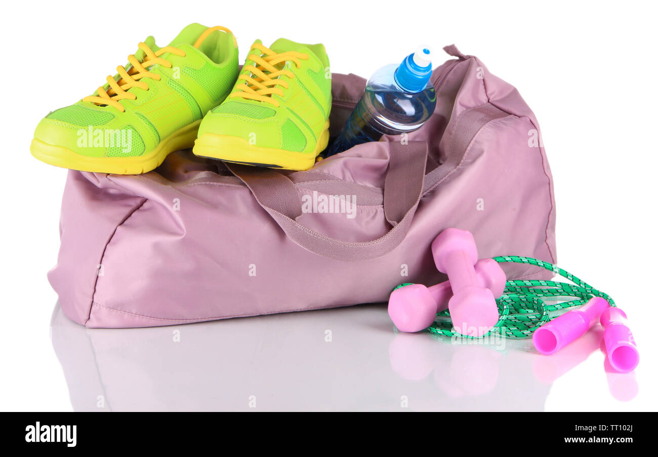 Sports bag with sports equipment isolated on white Stock Photo - Alamy