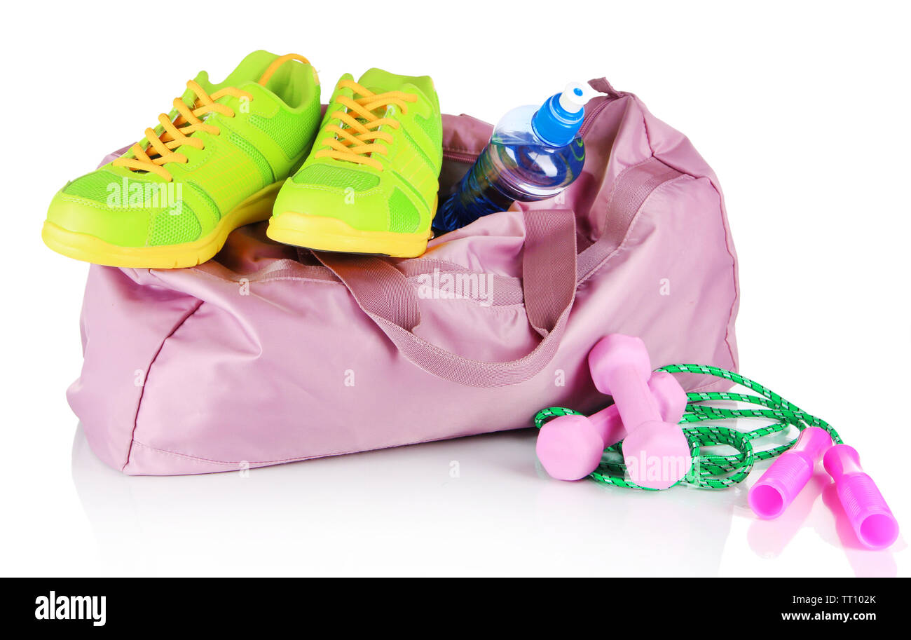 Sports bag with sports equipment isolated on white Stock Photo - Alamy