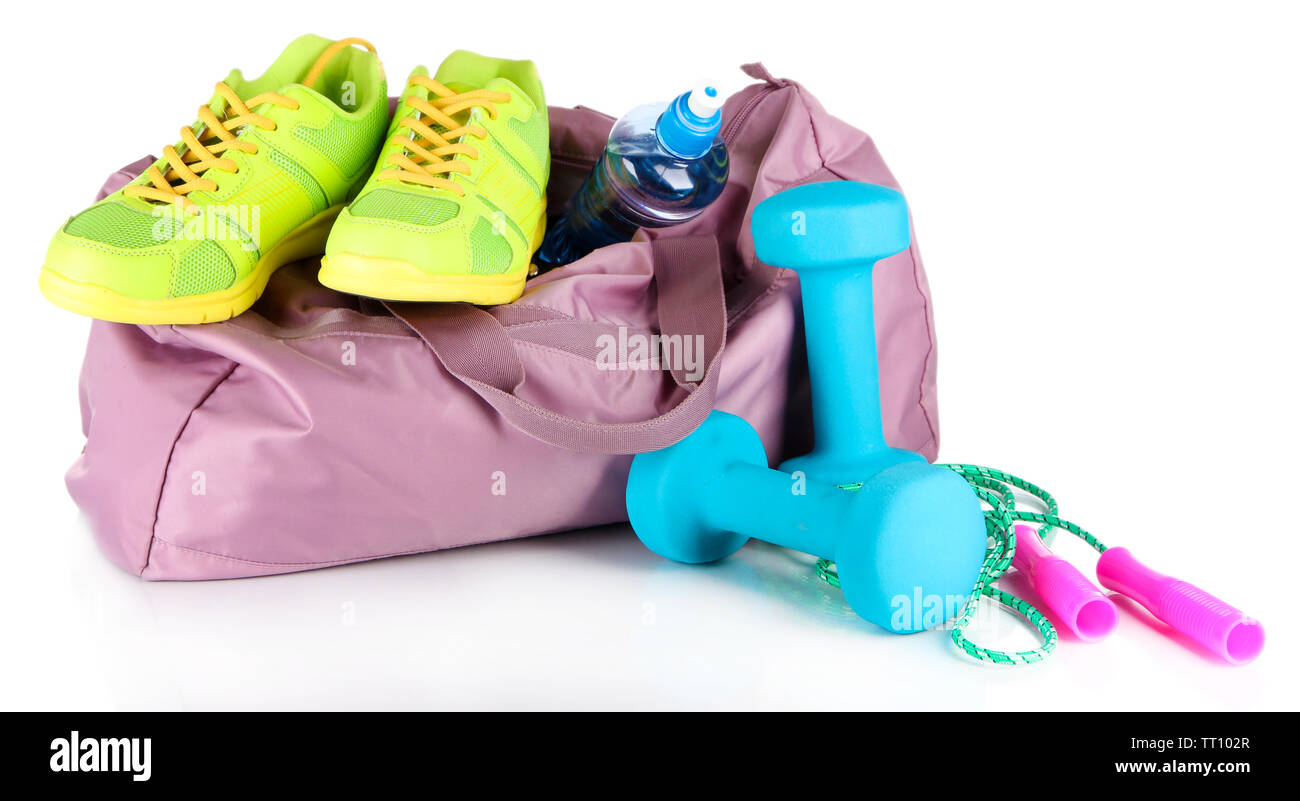 Sports bag with sports equipment isolated on white Stock Photo - Alamy