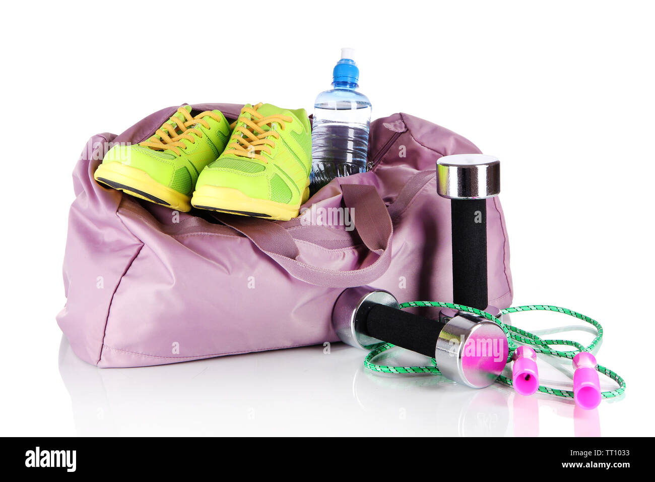 Sports bag with sports equipment isolated on white Stock Photo - Alamy