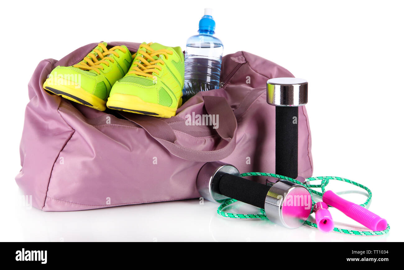 Sports bag with sports equipment isolated on white Stock Photo - Alamy