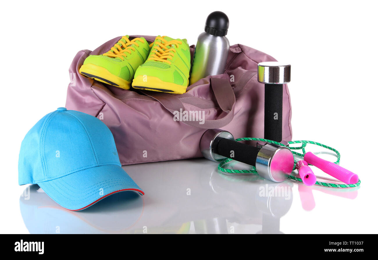 Sports bag with sports equipment isolated on white Stock Photo - Alamy