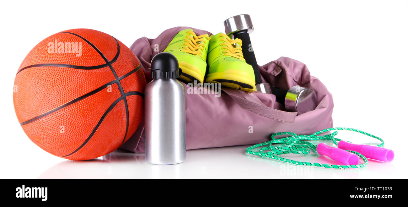 Sports bag with sports equipment isolated on white Stock Photo - Alamy
