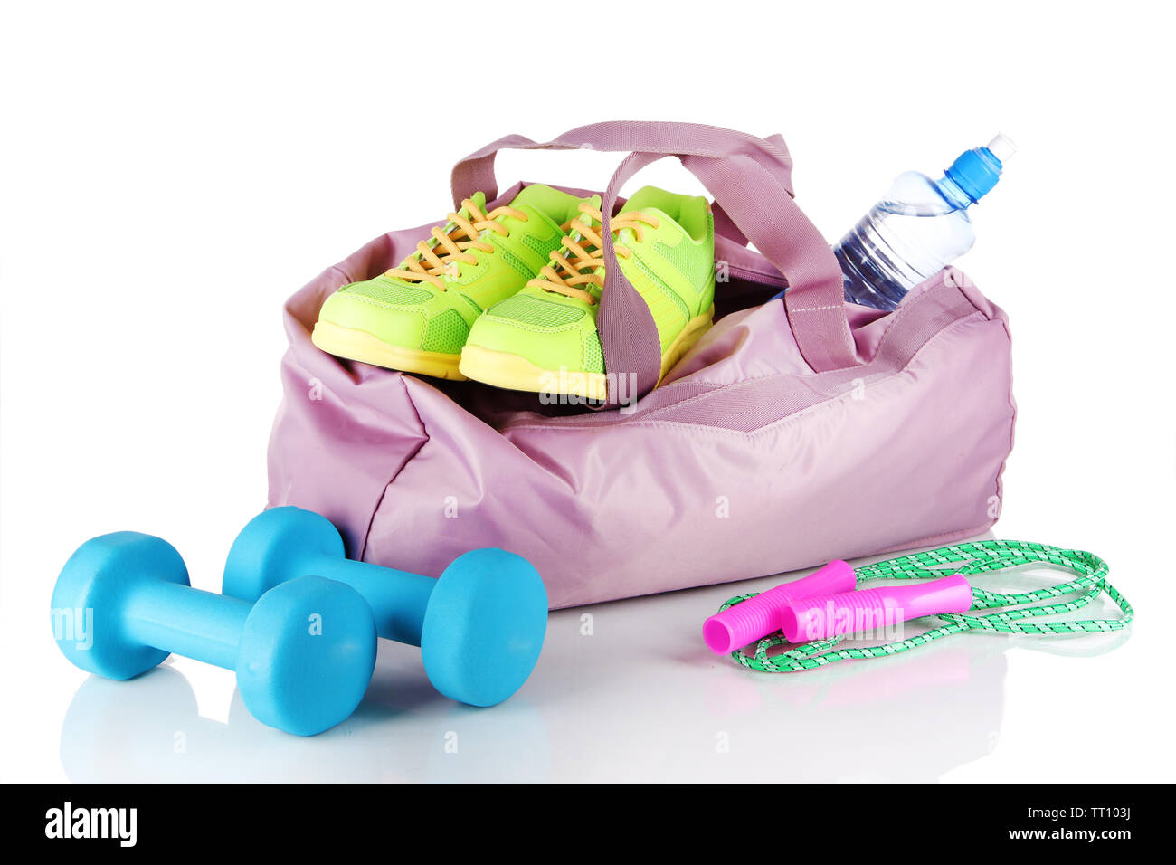 Sports bag with sports equipment isolated on white Stock Photo - Alamy