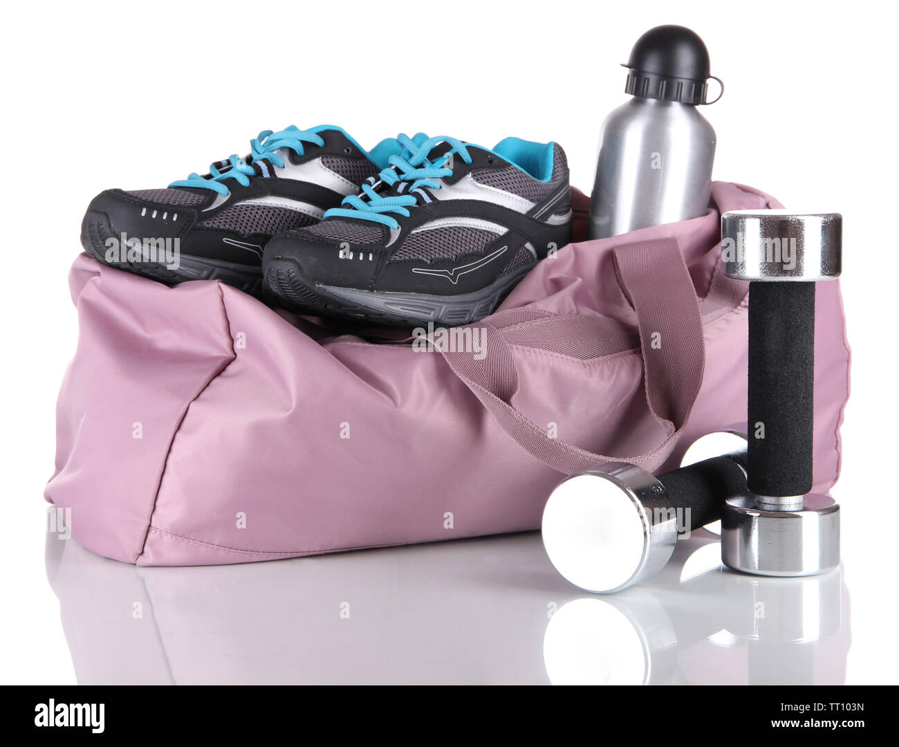 Sports bag with sports equipment isolated on white Stock Photo - Alamy