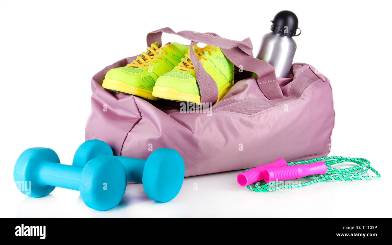 Sports bag with sports equipment isolated on white Stock Photo - Alamy
