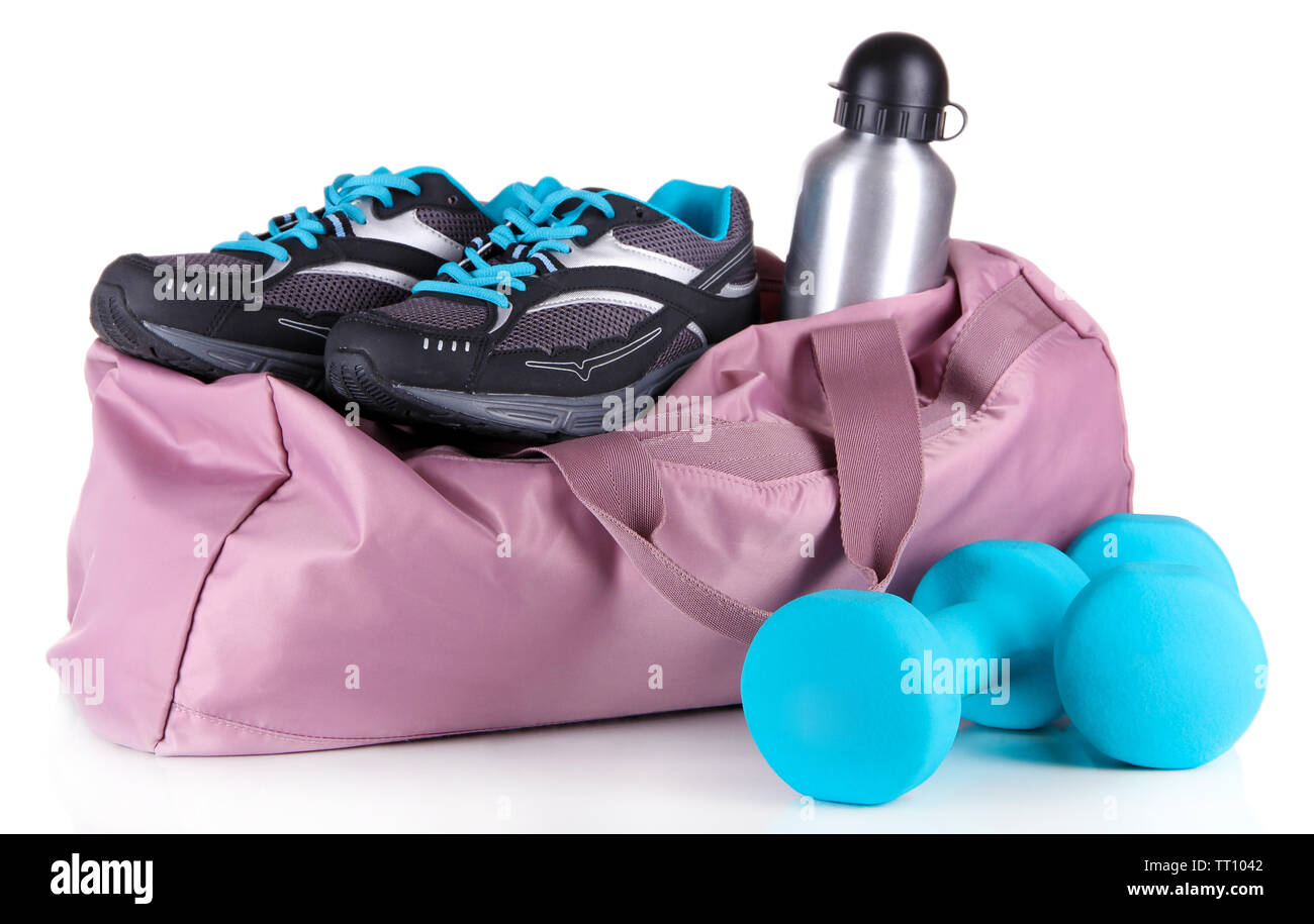 Sports bag with sports equipment isolated on white Stock Photo - Alamy
