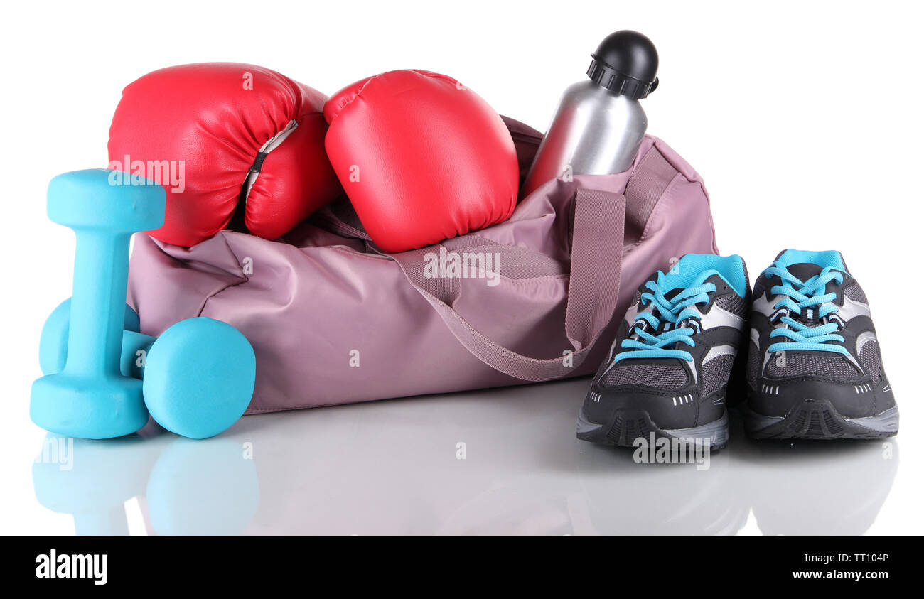 Sports bag with sports equipment isolated on white Stock Photo - Alamy
