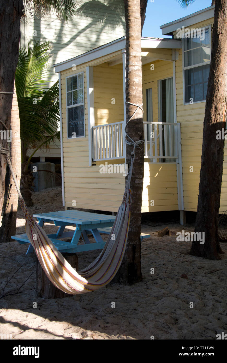 Fabric rope hammock suspended by palm trees in a tropical beach Stock Photo