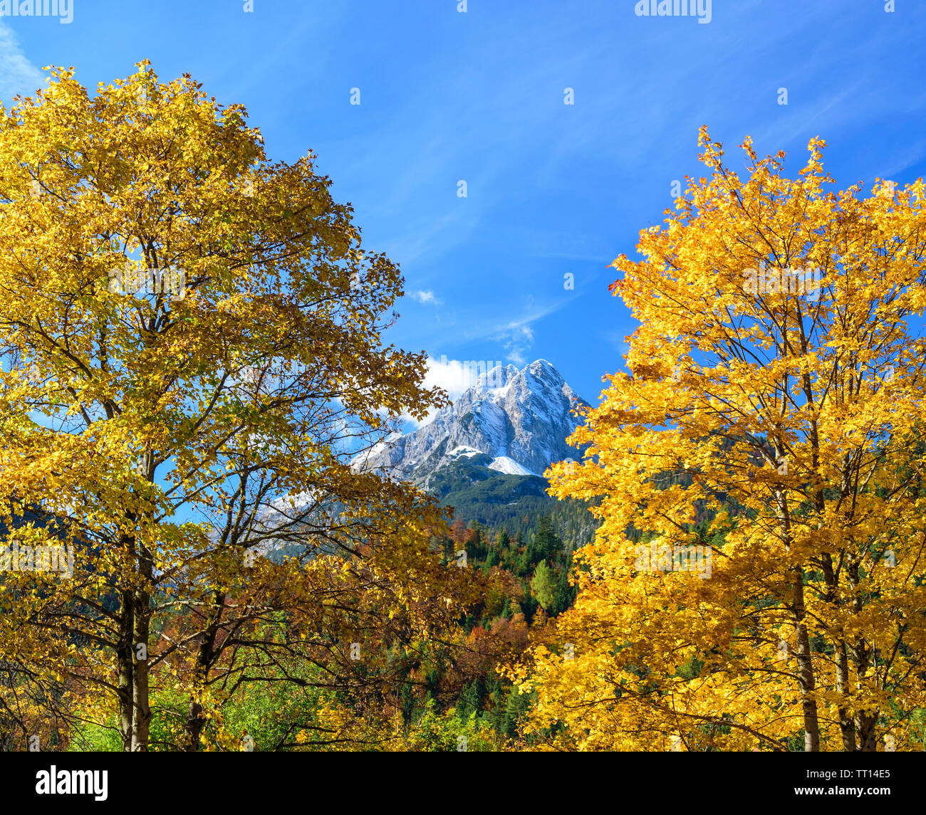 View to Wetterstein mountain range in falltime Stock Photo