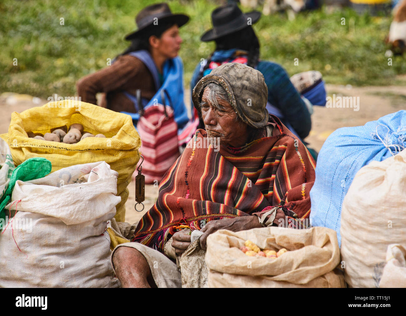 Traditional Yampara man with leather hat, Tarabuco, Bolivia Stock Photo