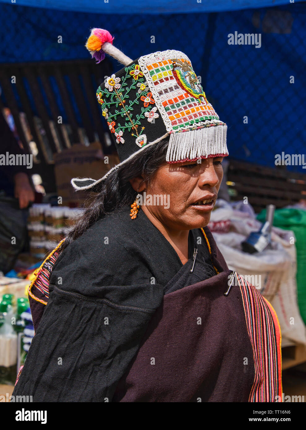 Traditional Yampara woman with Jalq’a woven hat, Tarabuco, Bolivia Stock Photo
