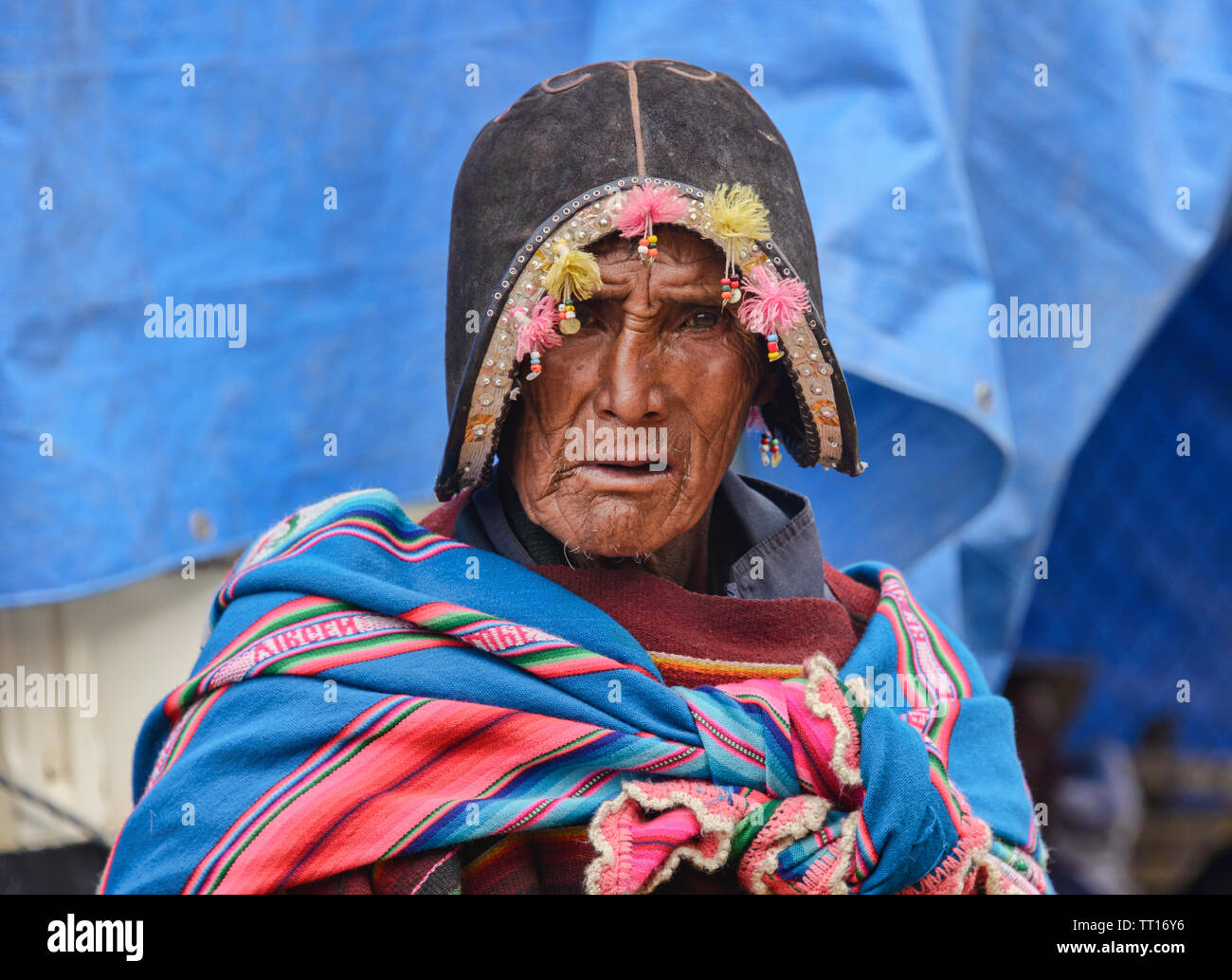 Traditional Yampara man with leather hat, Tarabuco, Bolivia Stock Photo