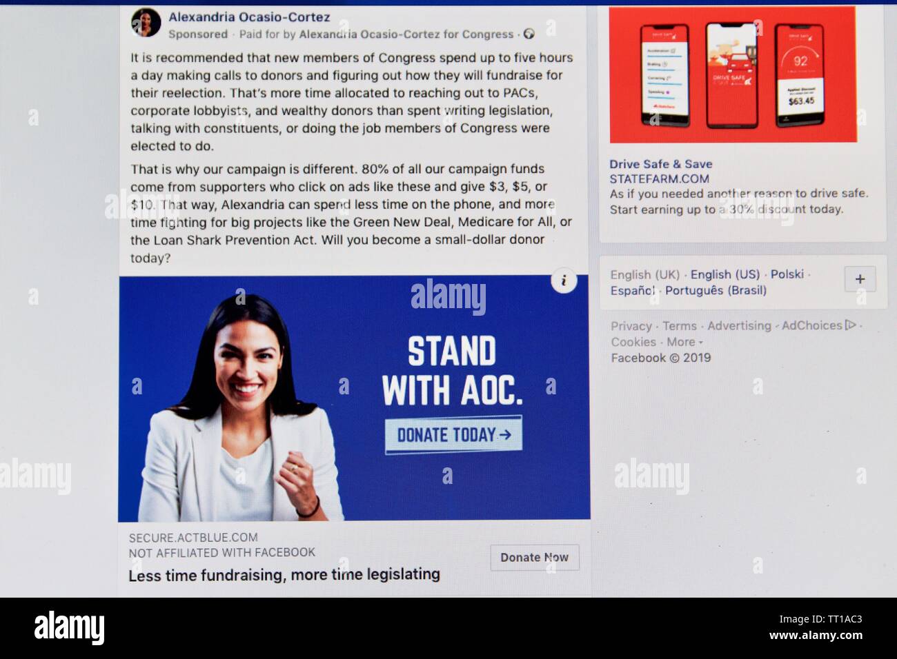 Sponsored Facebook political advertisement for Congresswoman Alexandria Ocasio-Cortez Stock Photo