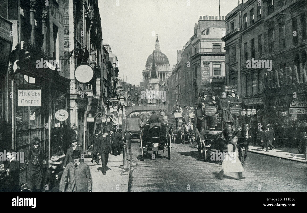 The photo dates to 1922. The caption reads: St. Paul’s Cathedral, London. View from Fleet Street. Stock Photo