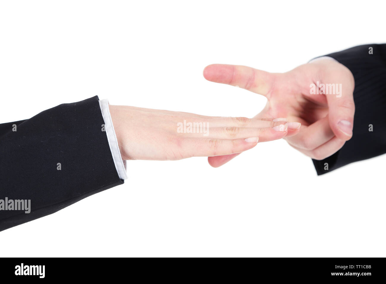 Scissors, paper, stone, scissors hands isolated on white Stock Photo