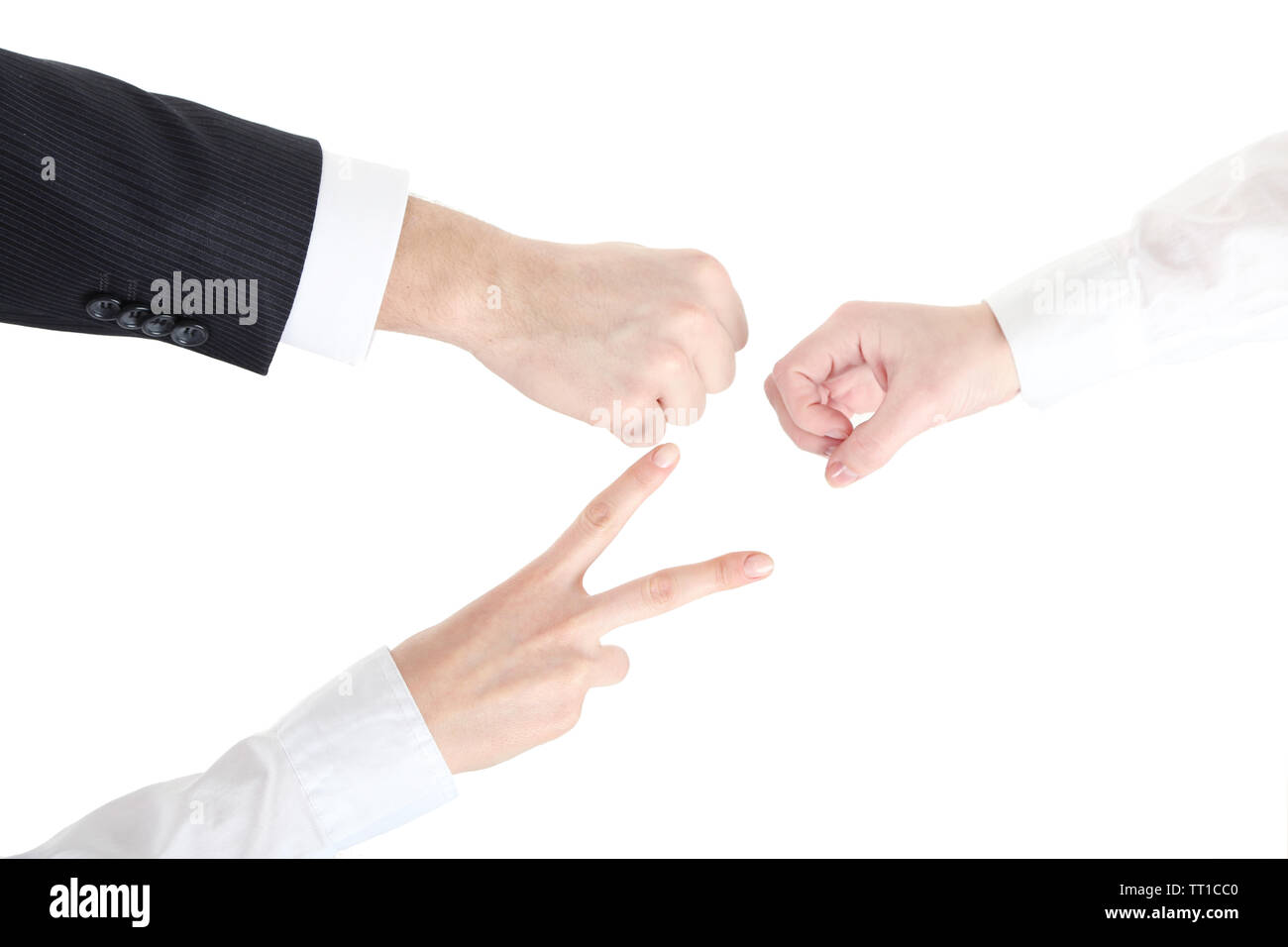 Scissors, paper, stone, scissors hands isolated on white Stock Photo