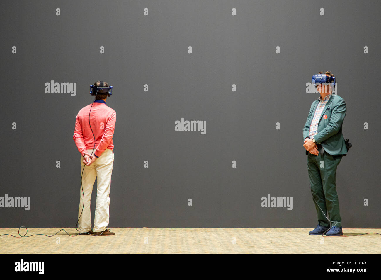 People lining up to watch the VR installation 'Coach Stage experiment' by artist Paul McCarthy at the 49th annual Art Basel art fair in Basel. Stock Photo
