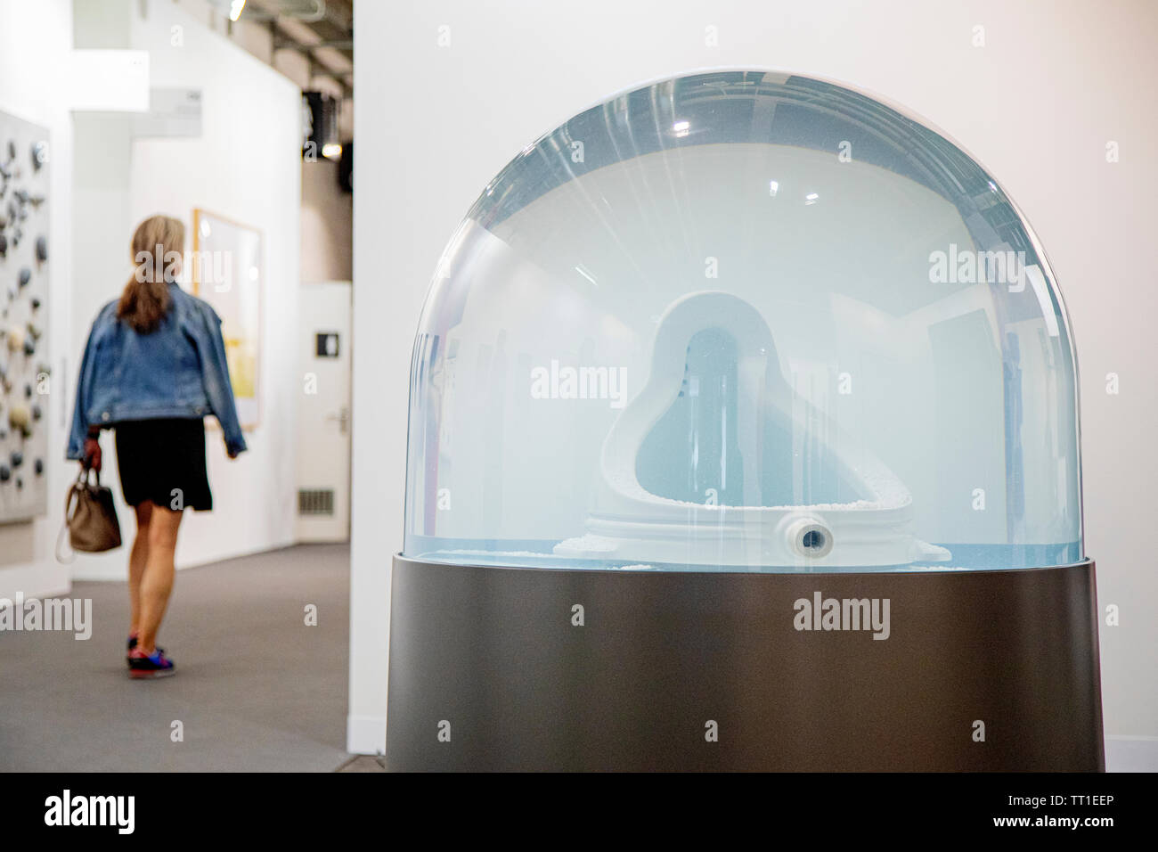 With a reference to Marcel Duchamp, a pissoir has been placed inside a giant snow globe in the installation 'Reason (or Winter) by the artist Berthan Huws, featured by Gallerie Tschudi at the 49th annual Art Basel art fair in Basel. Stock Photo