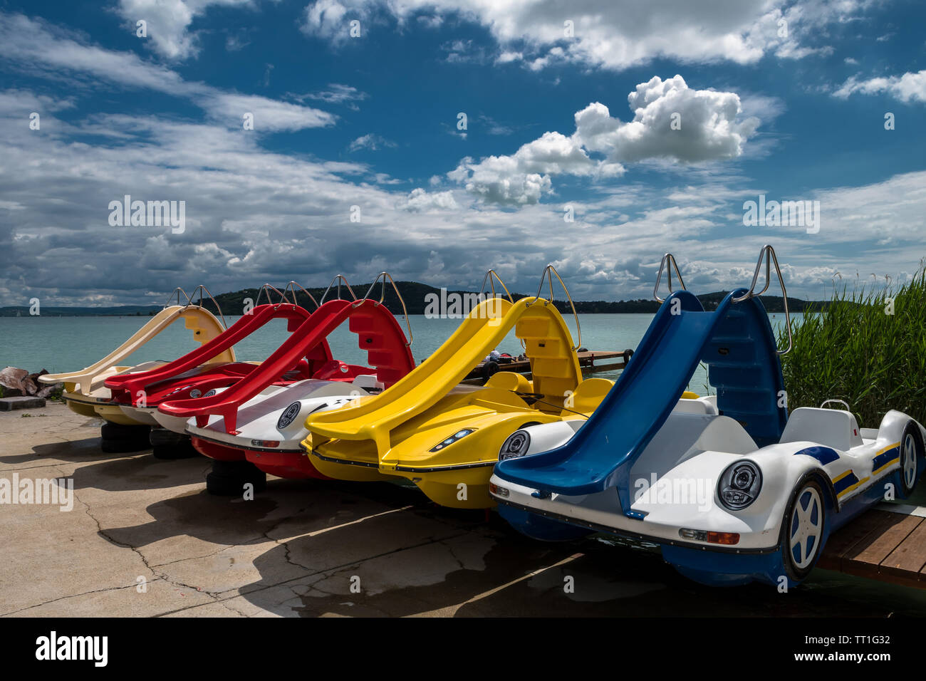 Colouful pedal boats at summer on Lake Balaton in Hungary Stock Photo