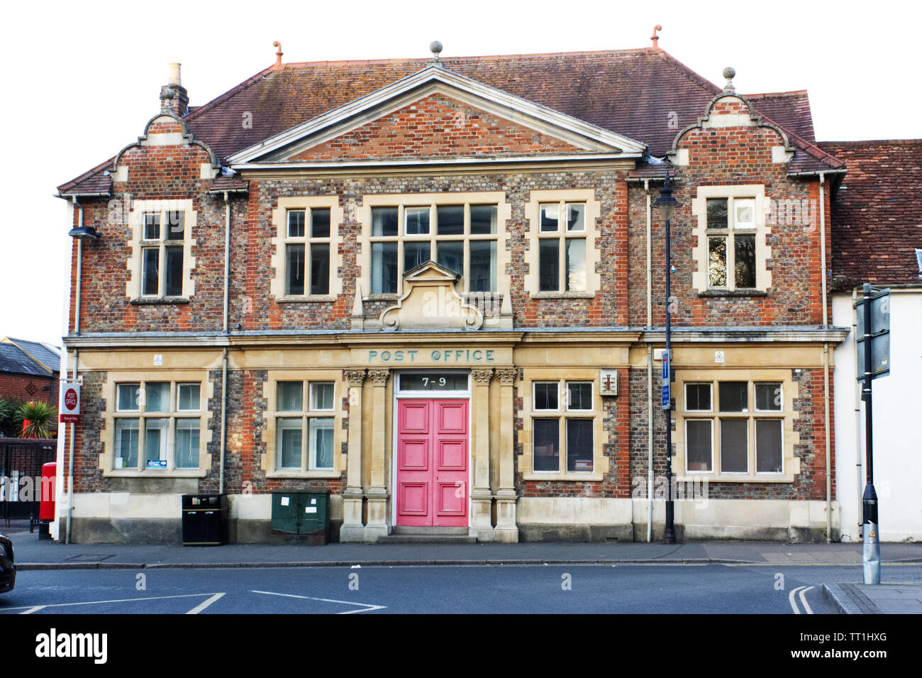 Old frontage of Leighton Buzzard Post Office in the town centre near