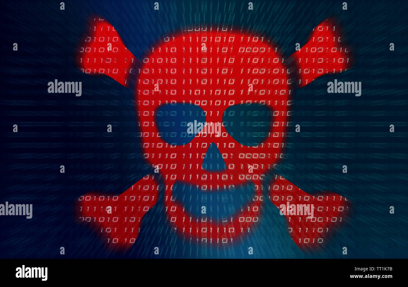 skull out of binary code from hacked computer Stock Photo