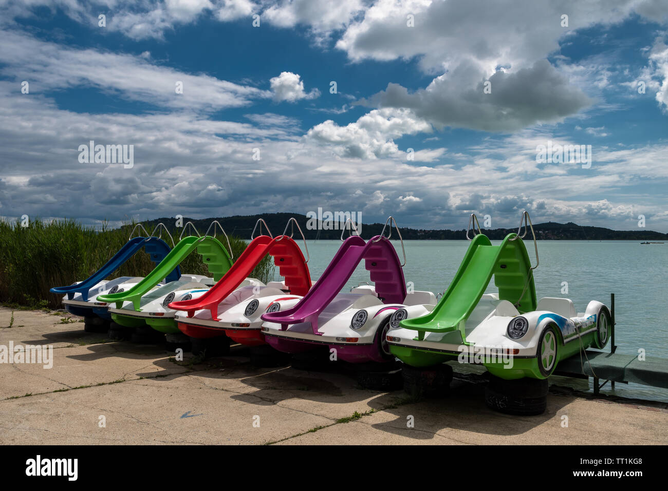 Colouful pedal boats at summer on Lake Balaton in Hungary Stock Photo