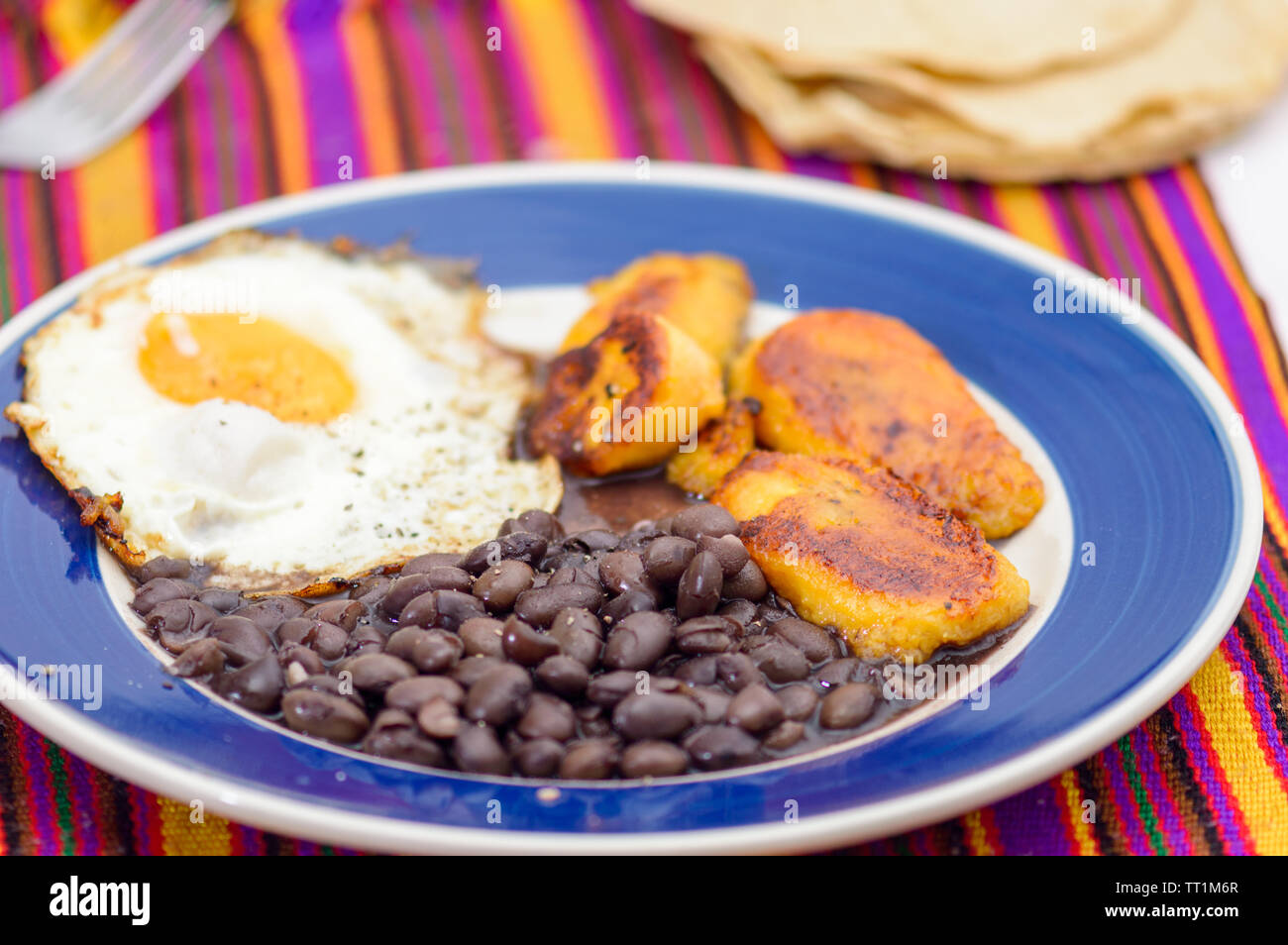 Mexican tropical breakfast, made with plantains, eggs and black beans with tortillas, copy space